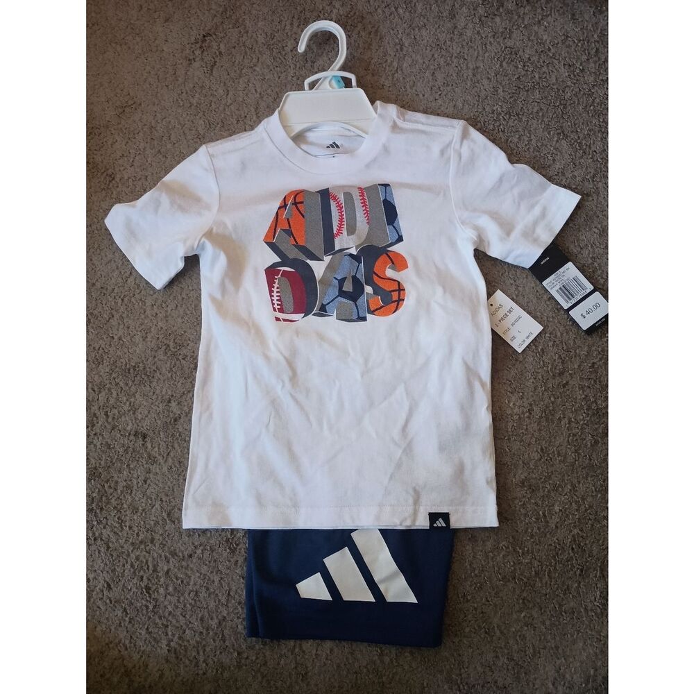 Adidas Boys Sports Short Set White/Blue Multiple Sizes  BRAND NEW WITH TAGS